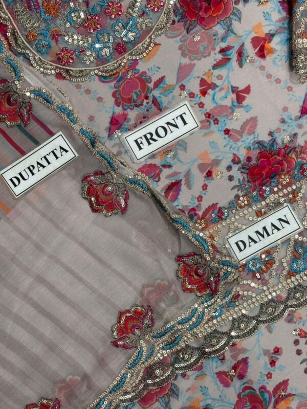 Floral Printed Embroidered Chiffon 3-Piece Unstitched Suit for Women - Multicolor - view 5