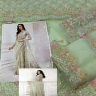Luxury Embroidered Net Saree Set for Women - Mint Green - view 3