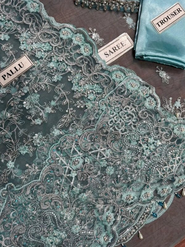 Luxury Embroidered Saree for Women - Aqua Sea Green - view 6