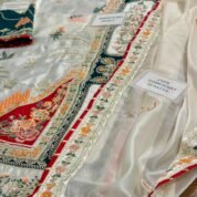 Embroidered Silk Kaftan Style Unstitched Suit for Women - Ivory Cream with Multicolor Border - view 4