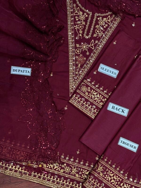open3_86a0bb41-52da-4fec-acfe-00d008ad798a.jpg Embroidered Festive 3-Piece Unstitched Suit for Women - Burgundy Maroon - view 3