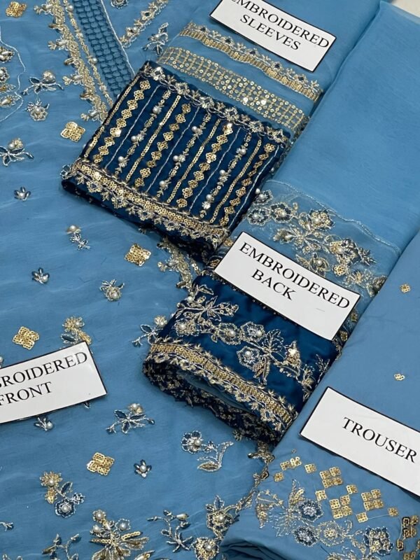Luxury Embroidered Chiffon 3-Piece Unstitched Suit for Women - Sky Blue - view 5