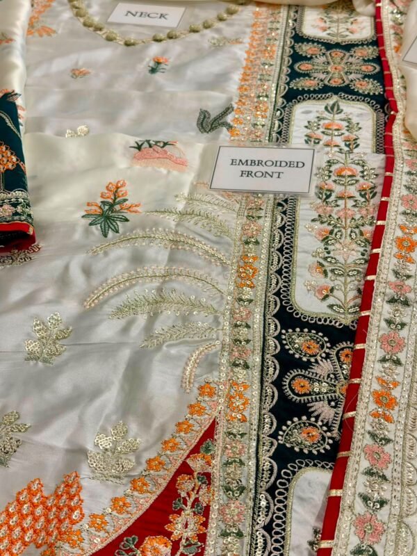 Embroidered Silk Kaftan Style Unstitched Suit for Women - Ivory Cream with Multicolor Border - view 5