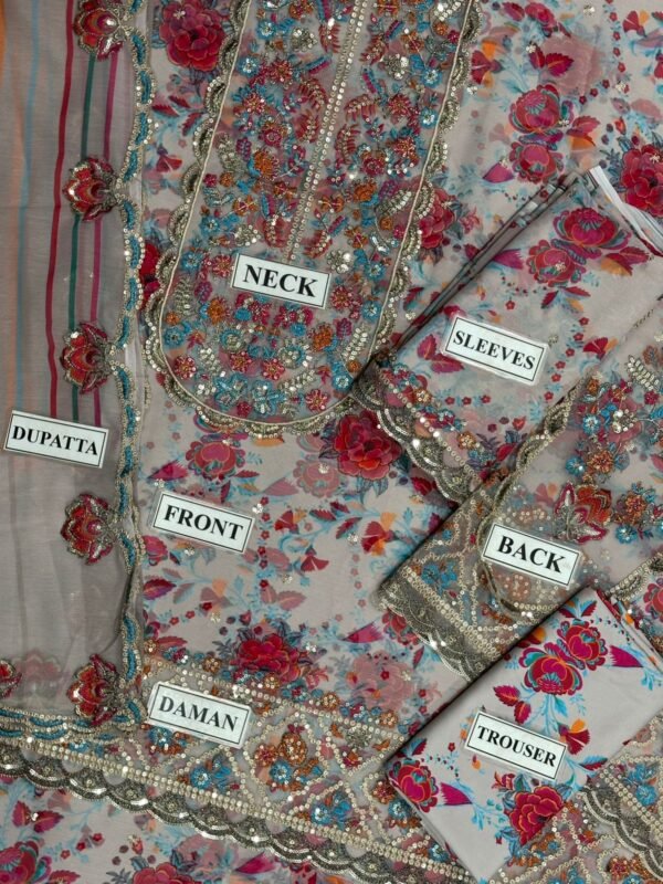 Floral Printed Embroidered Chiffon 3-Piece Unstitched Suit for Women - Multicolor - view 4