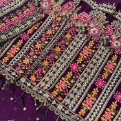 Embroidered Chiffon Saree for Women - Deep Purple with Floral Border - view 7