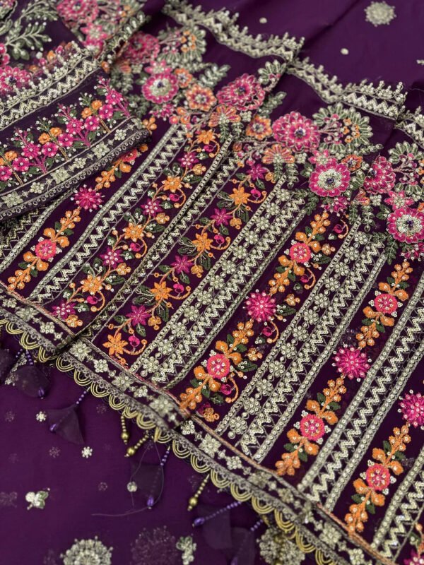 Embroidered Chiffon Saree for Women - Deep Purple with Floral Border - view 7