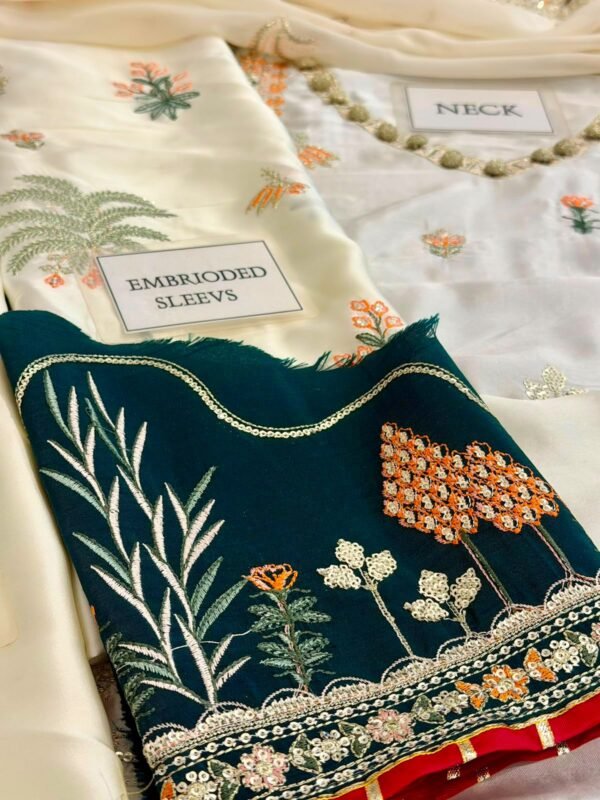 Embroidered Silk Kaftan Style Unstitched Suit for Women - Ivory Cream with Multicolor Border - view 6