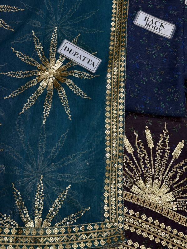 Embroidered Chiffon Maxi Dress Fabric Set for Women - Navy Blue - view 7