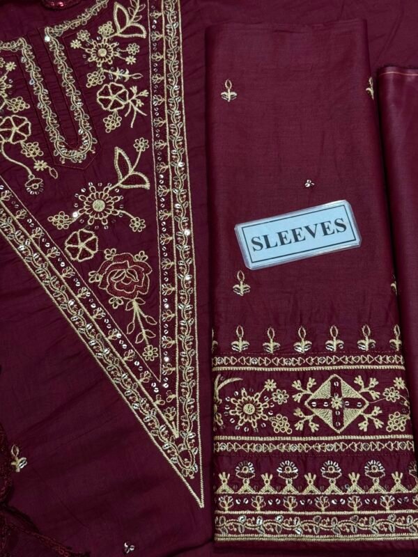 open_4d518ba6-2a38-4a95-8222-c95f028bc70e.jpg Embroidered Festive 3-Piece Unstitched Suit for Women - Burgundy Maroon - view 5