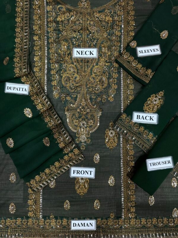 Embroidered Chiffon 3-Piece Unstitched Suit for Women - Bottle Green with Gold Work - view 4