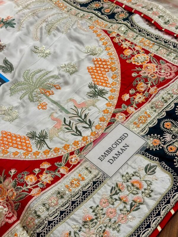 Embroidered Silk Kaftan Style Unstitched Suit for Women - Ivory Cream with Multicolor Border - view 2