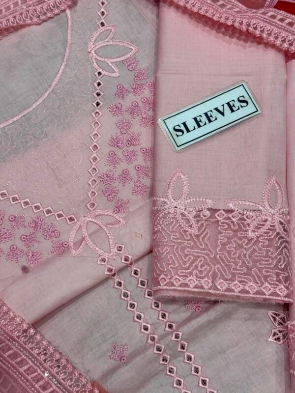 Embroidered Cotton 3-Piece Unstitched Suit for Women - Soft Pink with Cutwork Daman - view 2