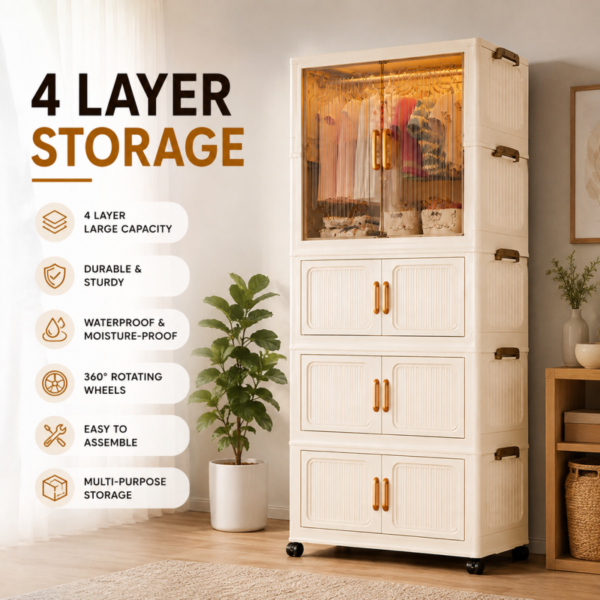Deluxe Modular Plastic Wardrobe Foldable Clothes Storage Cabinet 4 Layer