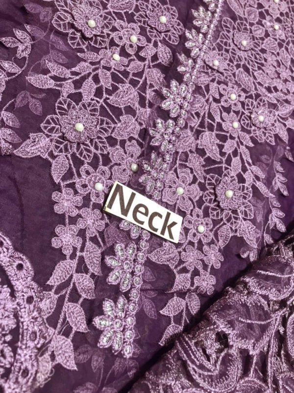 Chikankari 3D Work Embroidered 3-Piece Unstitched Suit for Women - Deep Purple - view 3