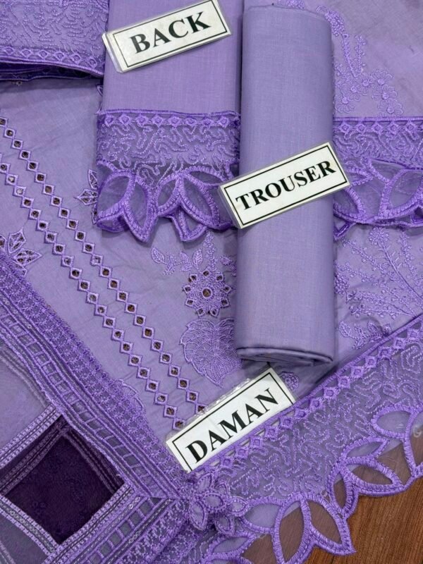 Embroidered Cotton 3-Piece Unstitched Suit for Women - Lilac with Cutwork Daman - view 4