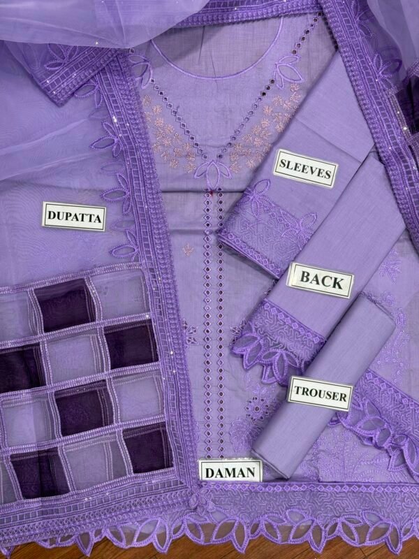 Embroidered Cotton 3-Piece Unstitched Suit for Women - Lilac with Cutwork Daman - view 3