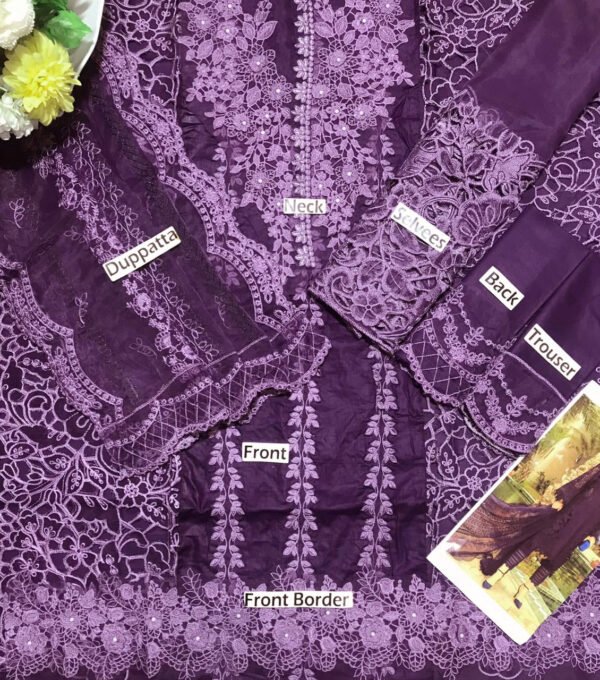 Chikankari 3D Work Embroidered 3-Piece Unstitched Suit for Women - Deep Purple - view 2