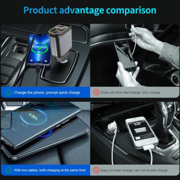 Retractable Car Charger with Starlight 4 in 1 Quick Charging