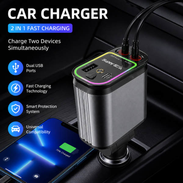 Retractable Car Charger with Starlight 4 in 1 Quick Charging