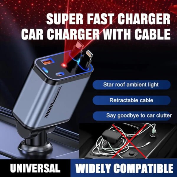 Retractable Car Charger with Starlight 4 in 1 Quick Charging