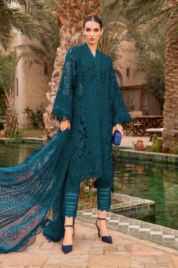 Chikankari 3D Work Embroidered 3-Piece Unstitched Suit for Women - Zinc Teal - view 1