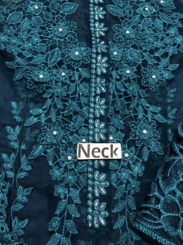 Chikankari 3D Work Embroidered 3-Piece Unstitched Suit for Women - Zinc Teal - view 4