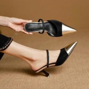 Women's Metal Cap Toe Mules - Two-Tone Pointed Kitten Heels - photo 1