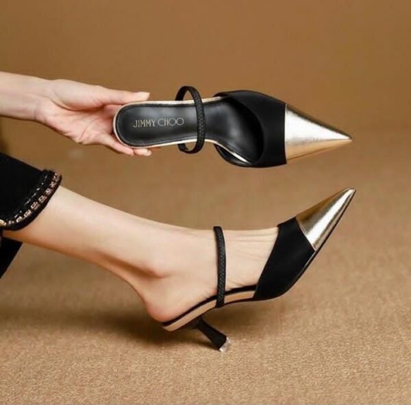 Women's Metal Cap Toe Mules - Two-Tone Pointed Kitten Heels - photo 1