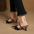 Women's Metal Cap Toe Mules - Two-Tone Pointed Kitten Heels - photo 2