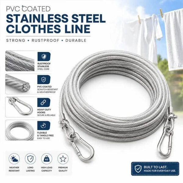 Strong stainless steel clothesline rope (5 metre) clothes indoors or outdoors (With Coating Proof) - Durable Design