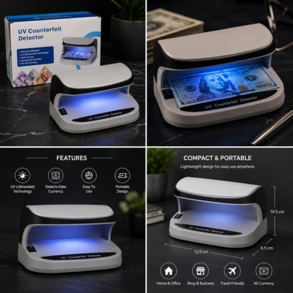 UV Counterfeit Bill Money Detector Small Footprint Compact Rechargeable Lightweight Bills Credit Cards Banknote Passport
