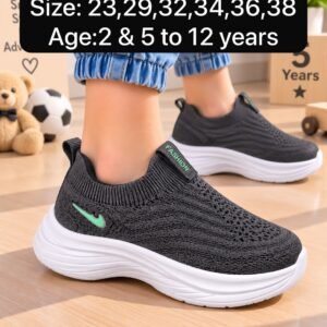 Kids Slip-On Knit Sneakers - Soft Breathable Walking Shoes in Grey Black and Pink - photo