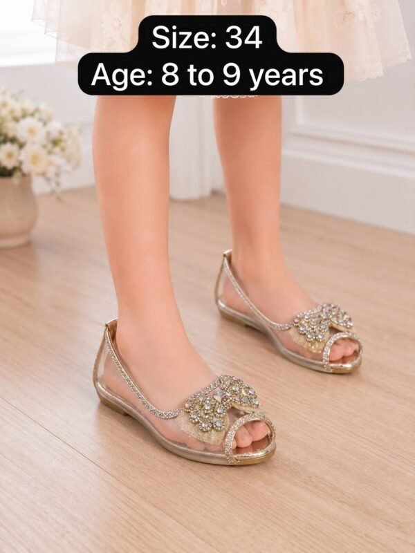 Girls Jeweled Flat Sandals - Crystal Bow Transparent Summer Flats - photo