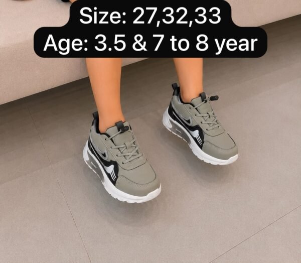 Kids Lace-Up Sports Sneakers - Grey and Olive Running Shoes - photo