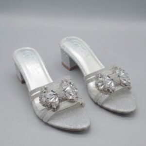 Girls Glitter Bow Block Heel Slides - Crystal Party Sandals - photo