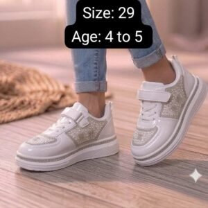 Girls White Glitter Sneakers - Sparkly Lace-Up Sports Shoes - photo