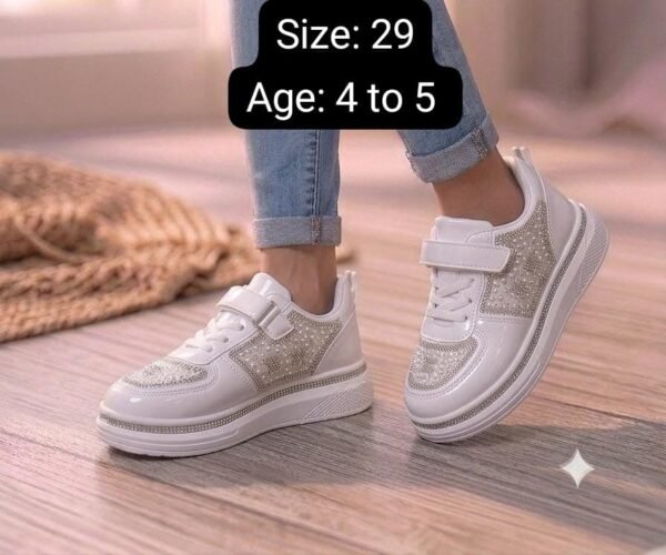 Girls White Glitter Sneakers - Sparkly Lace-Up Sports Shoes - photo