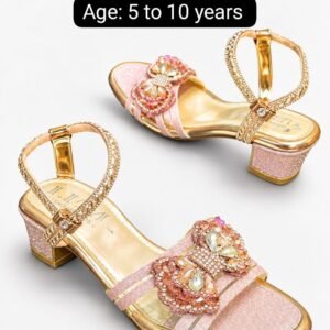 Girls Butterfly Crystal Sandals - Pink and Gold Block Heel Party Sandals - photo