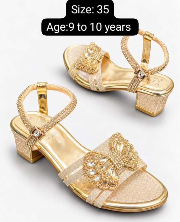 Girls Butterfly Crystal Sandals - Pink and Gold Block Heel Party Sandals - photo