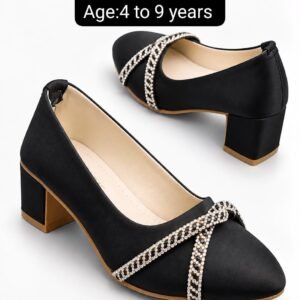 Girls Satin Block Heel Pumps - Chain Detail Party Shoes - photo