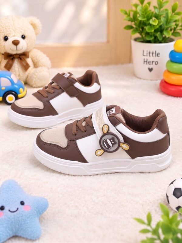 wks-36-02 Kids Cartoon Patch Sneakers - Black Brown and Pink Sports Shoes - photo
