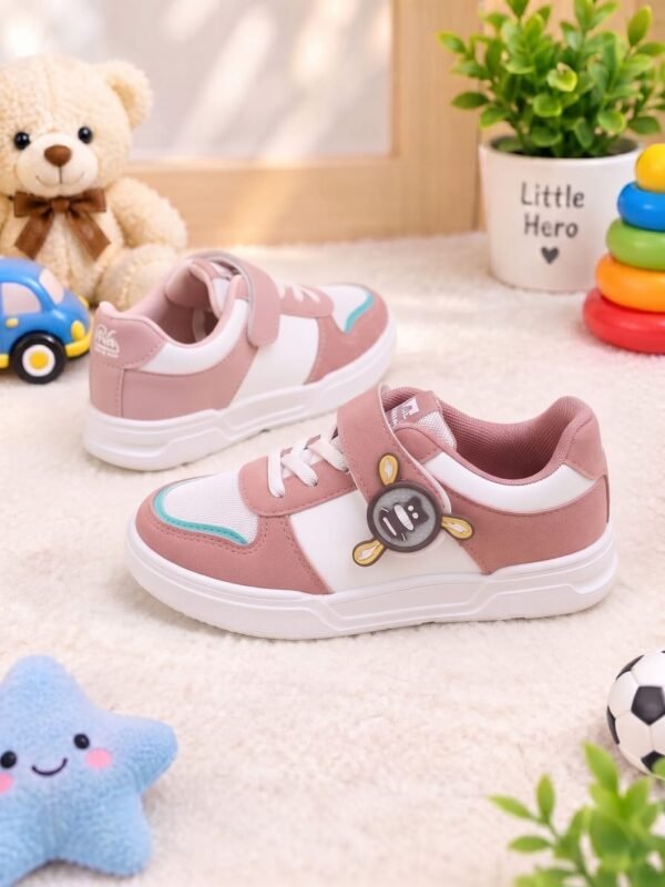 wks-36-03 Kids Cartoon Patch Sneakers - Black Brown and Pink Sports Shoes - photo