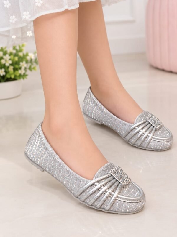 Girls Glitter Bow Loafers - Sparkly Slip-On Pumps for Kids - photo