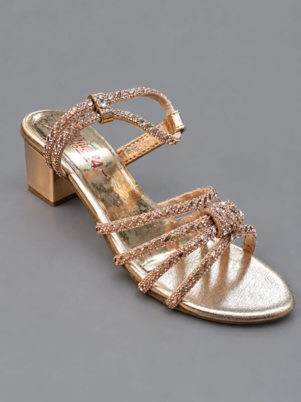 Girls Crystal Strap Block Heel Sandals - Gold and Silver Party Sandals - photo