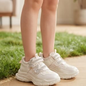 Girls Butterfly Strap Sneakers - Pink White and Silver Sports Shoes - photo