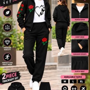 Women's 3-Piece Zipper Tracksuit Set - Rose Print Hoodie, Tee and Trouser