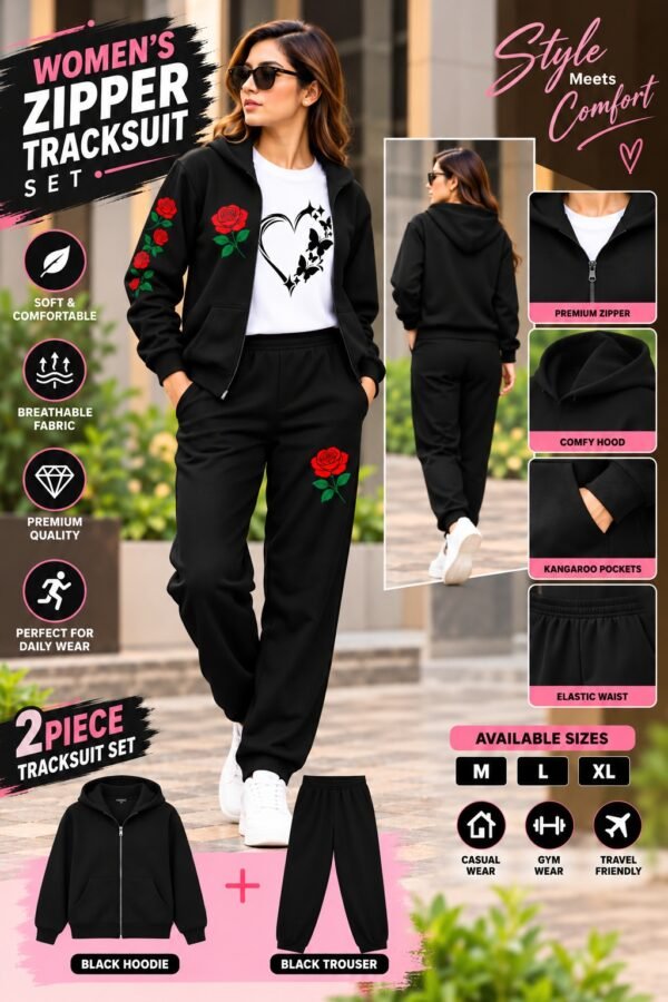 Women's 3-Piece Zipper Tracksuit Set - Rose Print Hoodie, Tee and Trouser