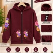 Women's Maroon Floral Zipper Hoodie - Fleece, Waterproof Print