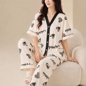 Y-Neck Button Style Night Suit for Women – 4 Designs