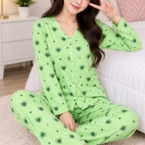 Green heart print Y-neck night suit for women in soft jersey fabric